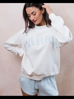 Parker White Crewneck Sweatshirt with Light Blue Logo
